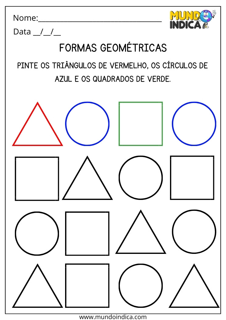 Atividade de Maternal 2 com Formas Geométricas para Pintar os Triângulos de Vermelho, os Círculos de Azul e os Quadrados de Verde para Imprimir