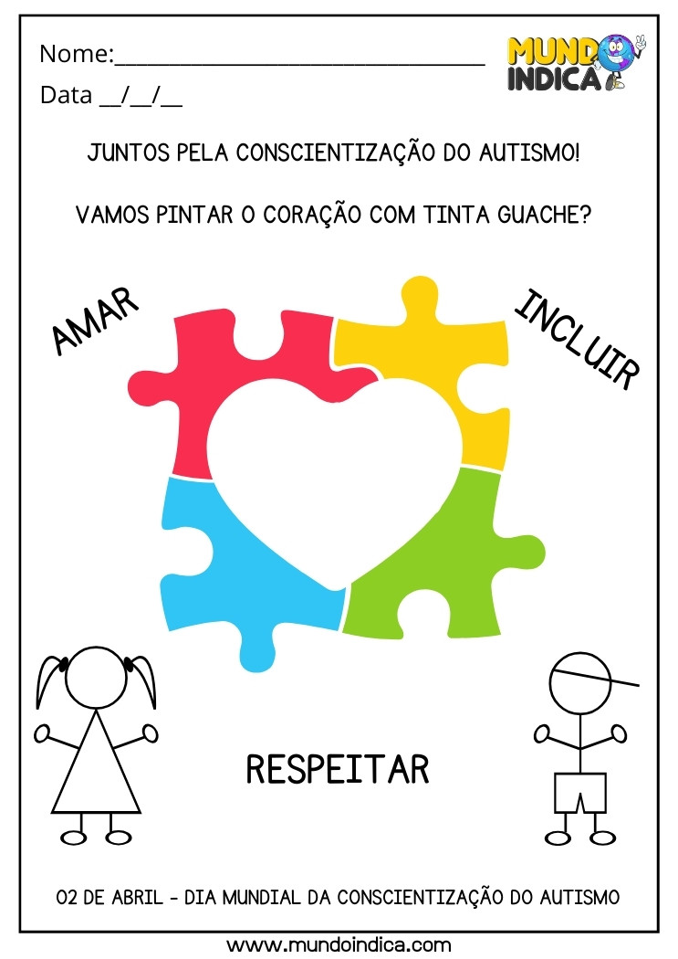 Atividade de Pintura do Coração com Tinta Guache para o Dia Mundial de Conscientização do Autismo para Imprimir