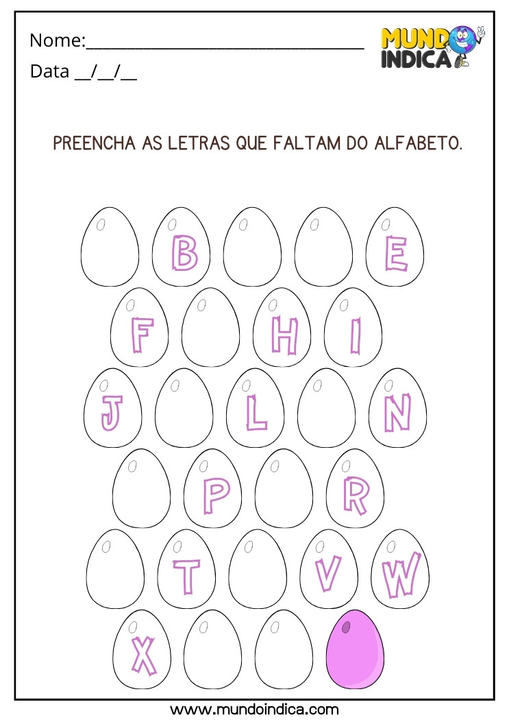 Atividade de Sequência Alfabética para Educação Infantil para Completar as Letras do Alfabeto nos Ovos de Páscoa para Imprimir