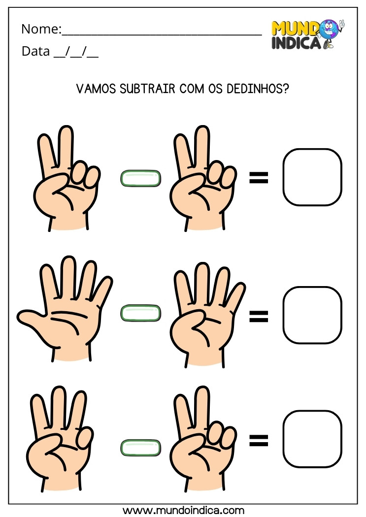 Atividade de Subtração com os Dedinhos para Imprimir