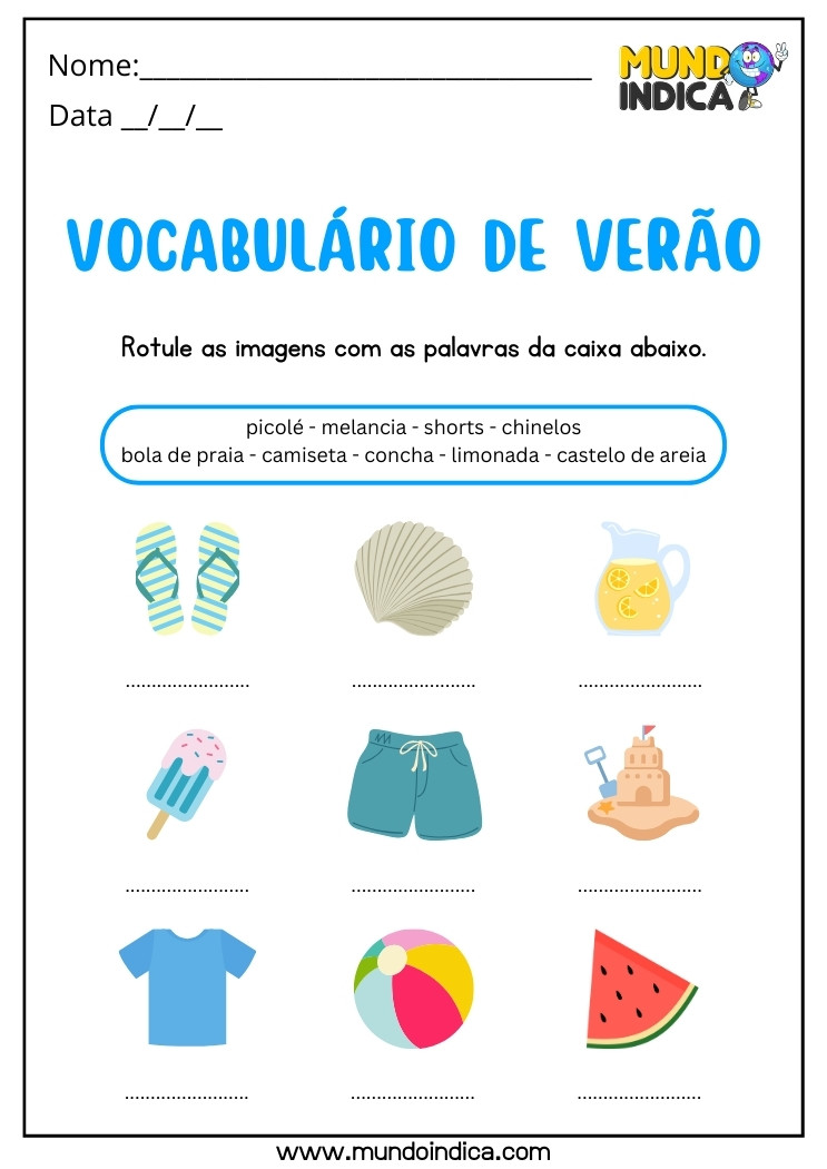 Atividade de Vocabulário de Verão para Reforço Escolar Rotule as Imagens com as Palavras do Quadro Abaixo para Imprimir