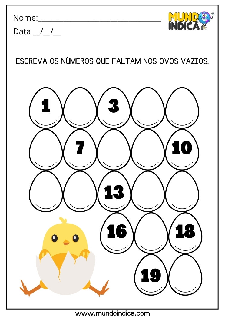 Atividade para Autismo Escreva Dentro dos Ovos os Números que Faltam para Completar a Sequência de 1 a 20 para Imprimir