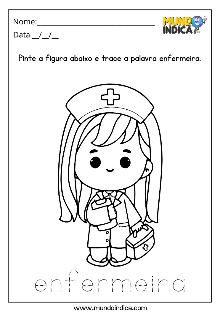 Atividade para Colorir a Figura da Enfermeira e Escrever a Palavra para Alunos com Autismo para Imprimir