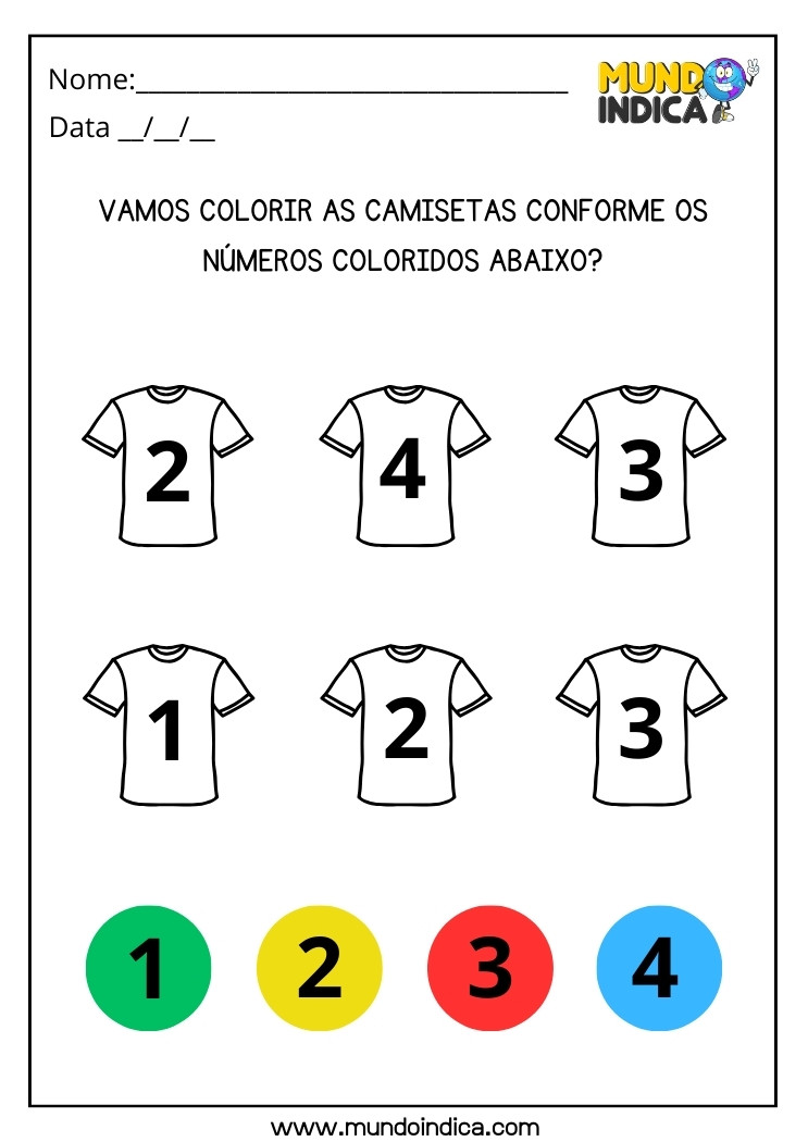 Atividade para Colorir as Camisetas Conforme os Números Coloridos para Autismo para Imprimir