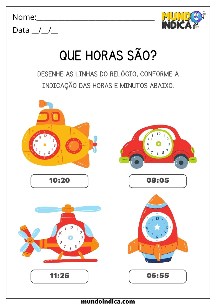 Atividade para Desenhar as Horas e Minutos nos Relógios Conforme Legenda para Educação Infantil para Imprimir