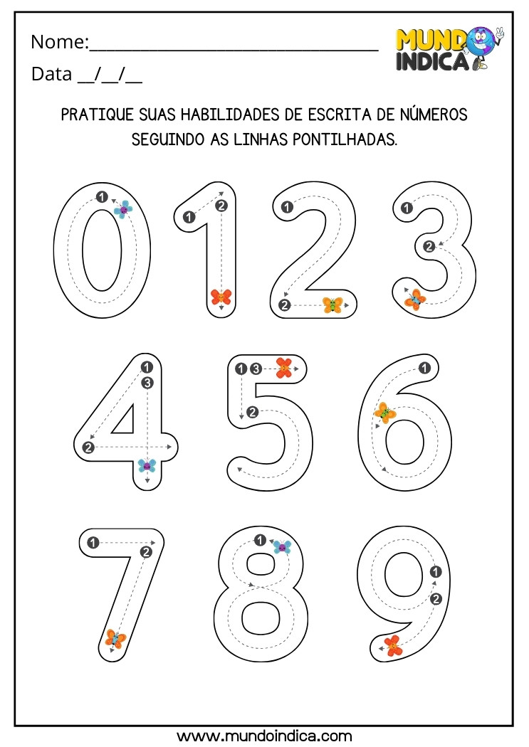 Atividade para Educação Infantil Pratique a Escrita dos Números 0 a 9 Seguindo as Linhas Pontilhadas com Borboletas para Imprimir