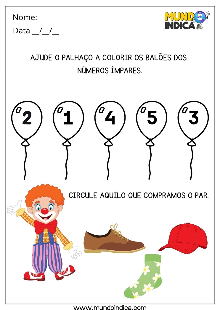 Atividade Ajude o Palhaço a Colorir os Balões dos Números Ímpares e Circule Aquilo que Compramos o Par para Educação Especial para Imprimir