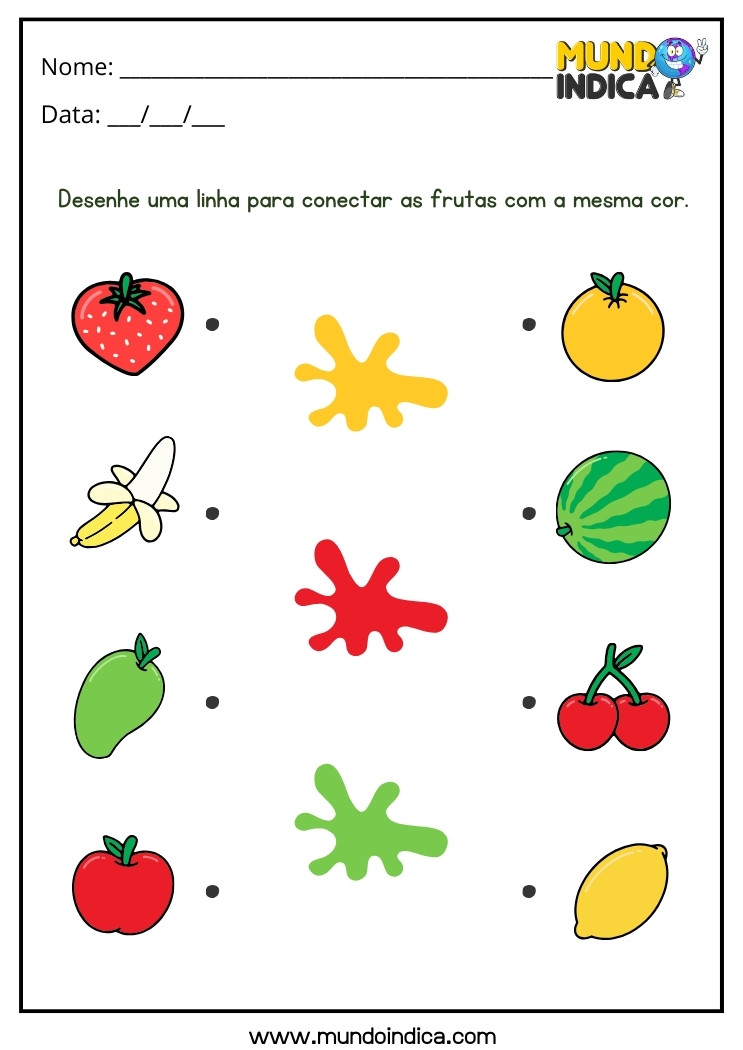 Atividade Desenhe uma Linha para Conectar as Frutas com a mesma Cor para Alunos com Deficiência Intelectual para Imprimir