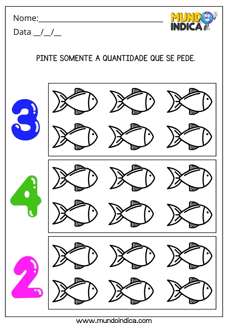 Atividade Pinte Somente a Quantidade de Peixes que se Pede para Alunos da Educação Especial para Imprimir