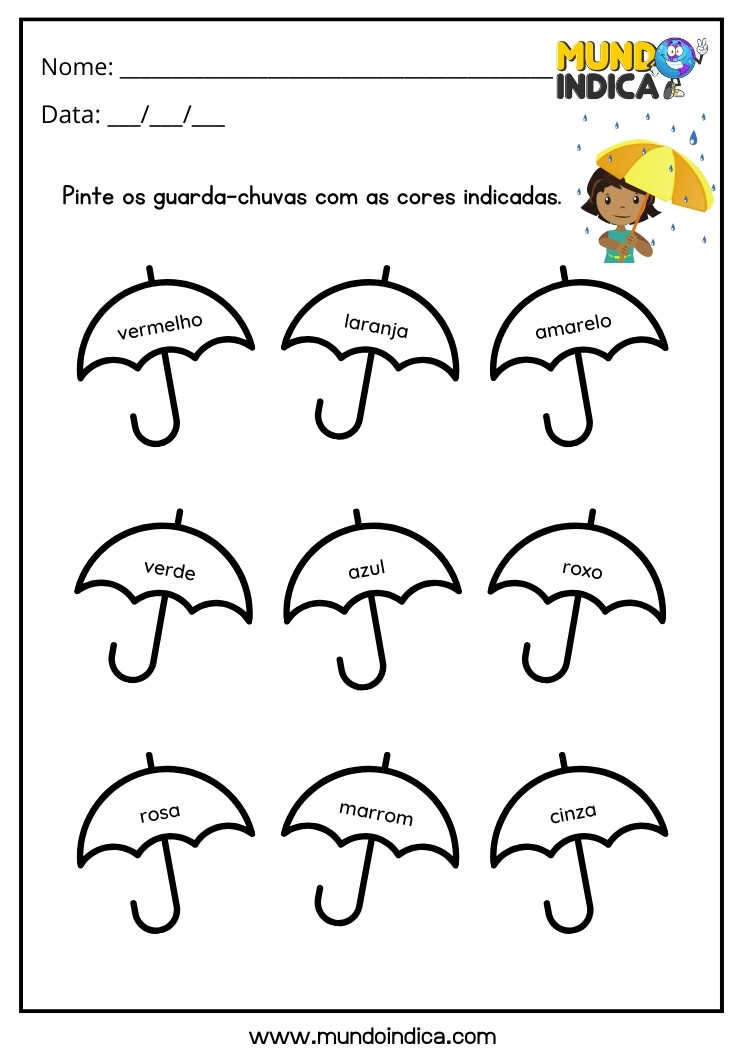 Atividade Pinte os Guarda-chuvas com as Cores Indicadas para Alunos com Deficiência Intelectual para Imprimir