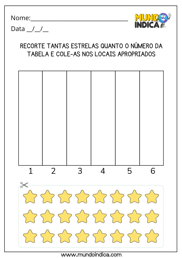 Atividade Recorte Tantas Estrelas Quanto o Número da Tabela e Cole-as nos Locais Apropriados para Alunos com Autismo para Imprimir