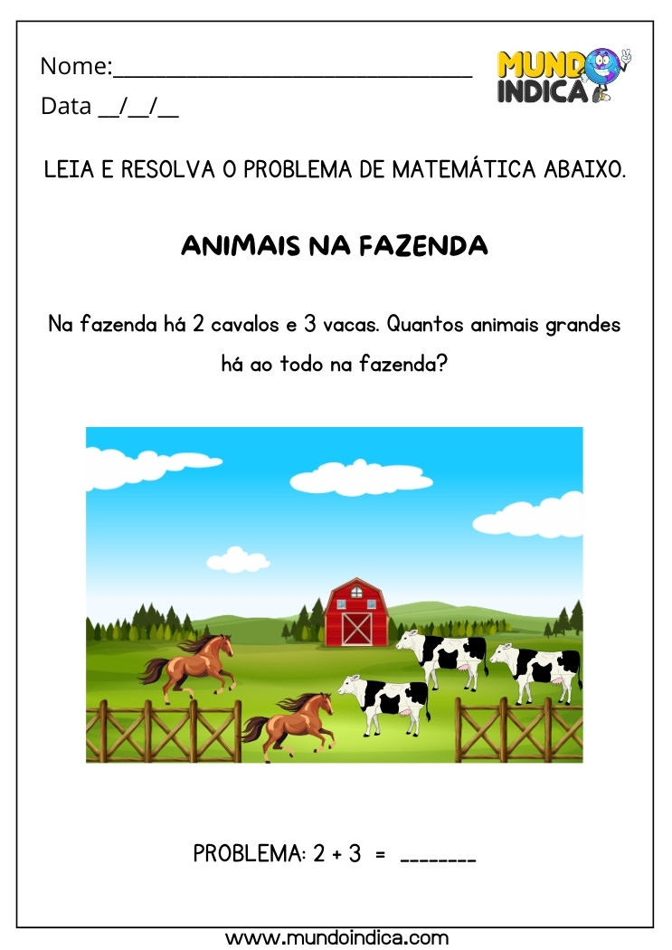 Atividade Resolva o Problema de Matemática de Adição dos Animais da Fazenda para Alunos com Autismo para Imprimir