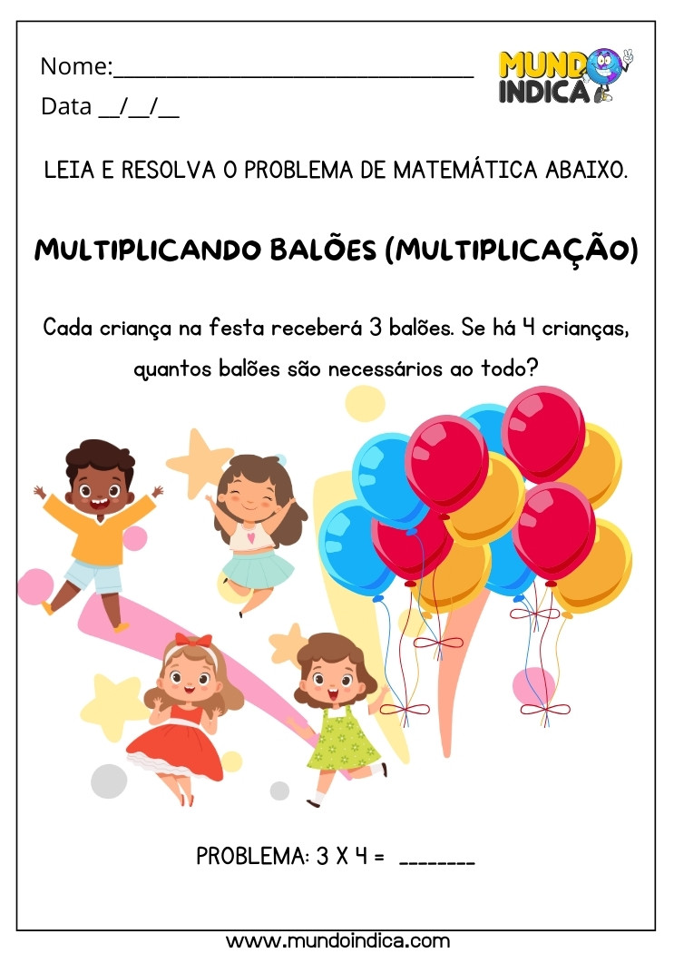 Atividade com Problema Matemático de Multiplicação dos Balões para Alunos com Autismo para Imprimir