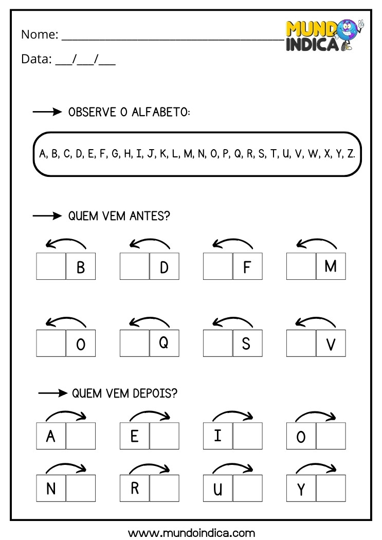 Atividade de Alfabetização para Alunos com Deficiência Intelectual Escreva as Letras que Vem Antes e Depois Conforme Pedido para Imprimir