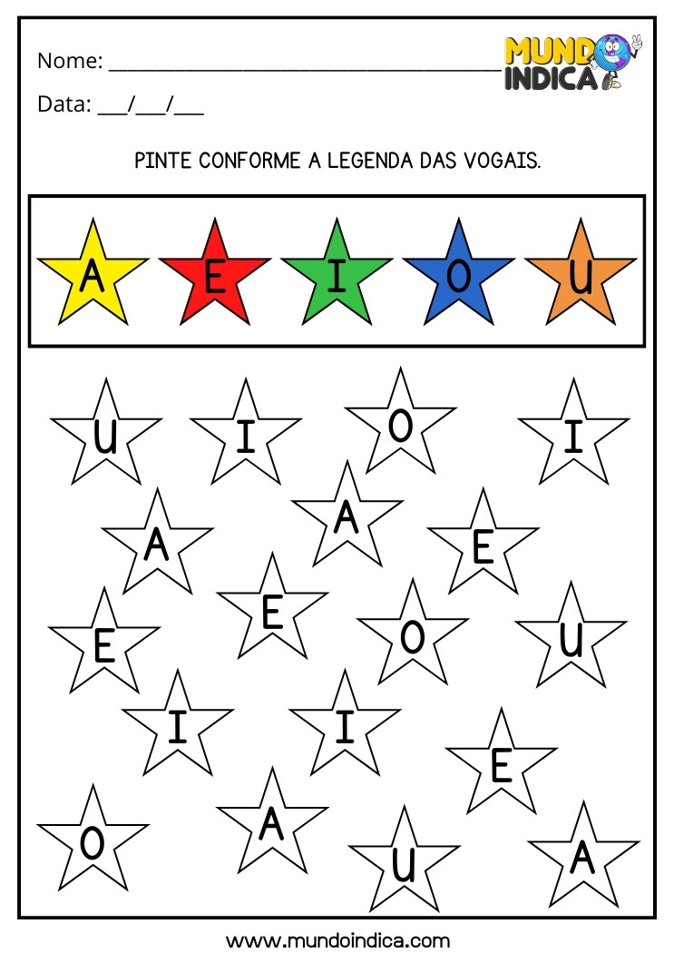 Atividade de Alfabetização para Alunos com Deficiência Intelectual Pinte as Estrelas Conforme a Legenda das Vogais para Imprimir