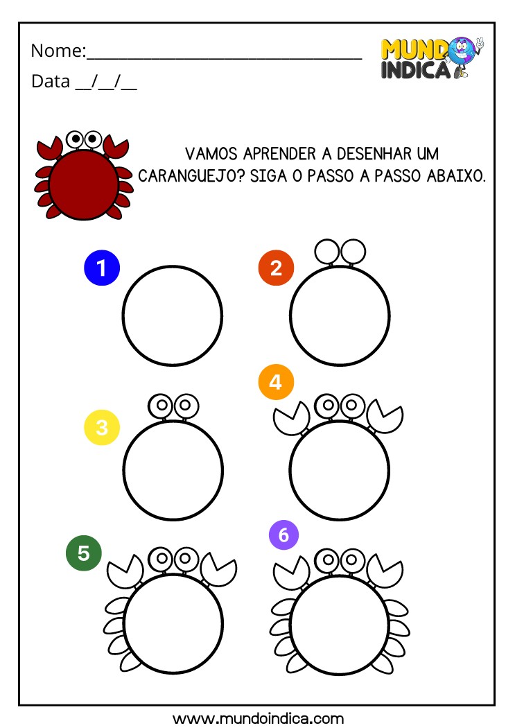 Atividade de Desenho do Caranguejo Passo a Passo para Crianças com Tdah para Imprimir