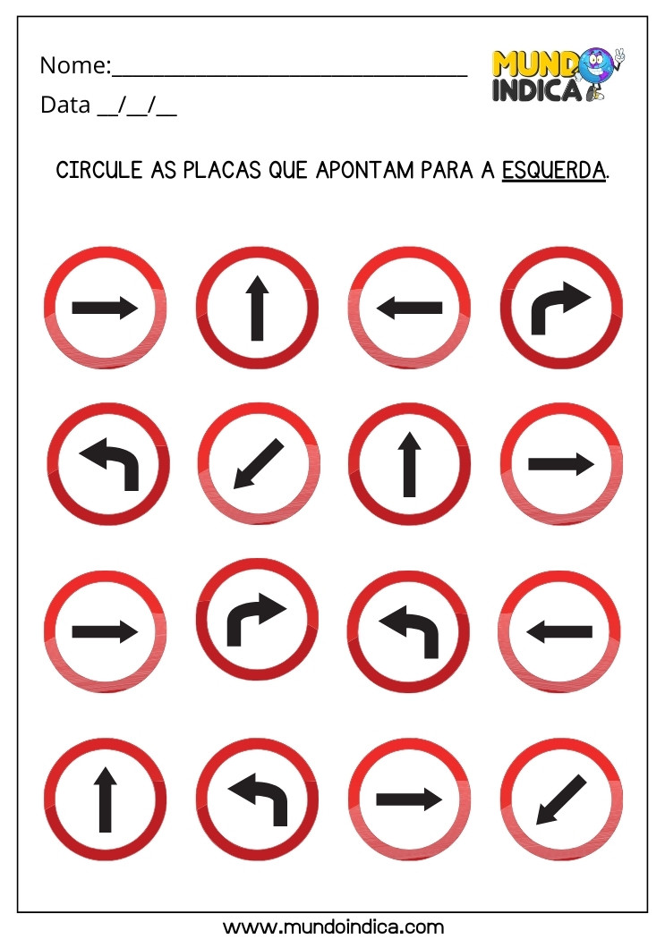 Atividade de Estimulação Cognitiva para Autismo Circule as Placas que Apontam para a Esquerda para Imprimir