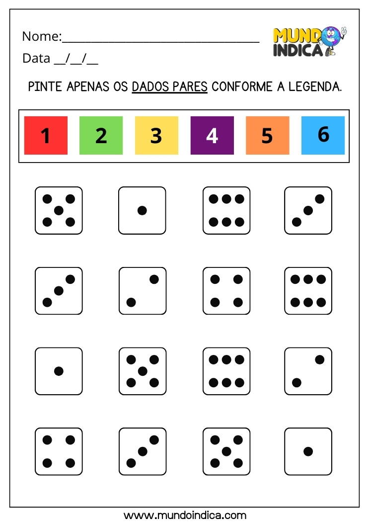 Atividade de Estimulação Cognitiva para Autismo Pinte Apenas os Dados Pares Conforme a Legenda para Imprimir