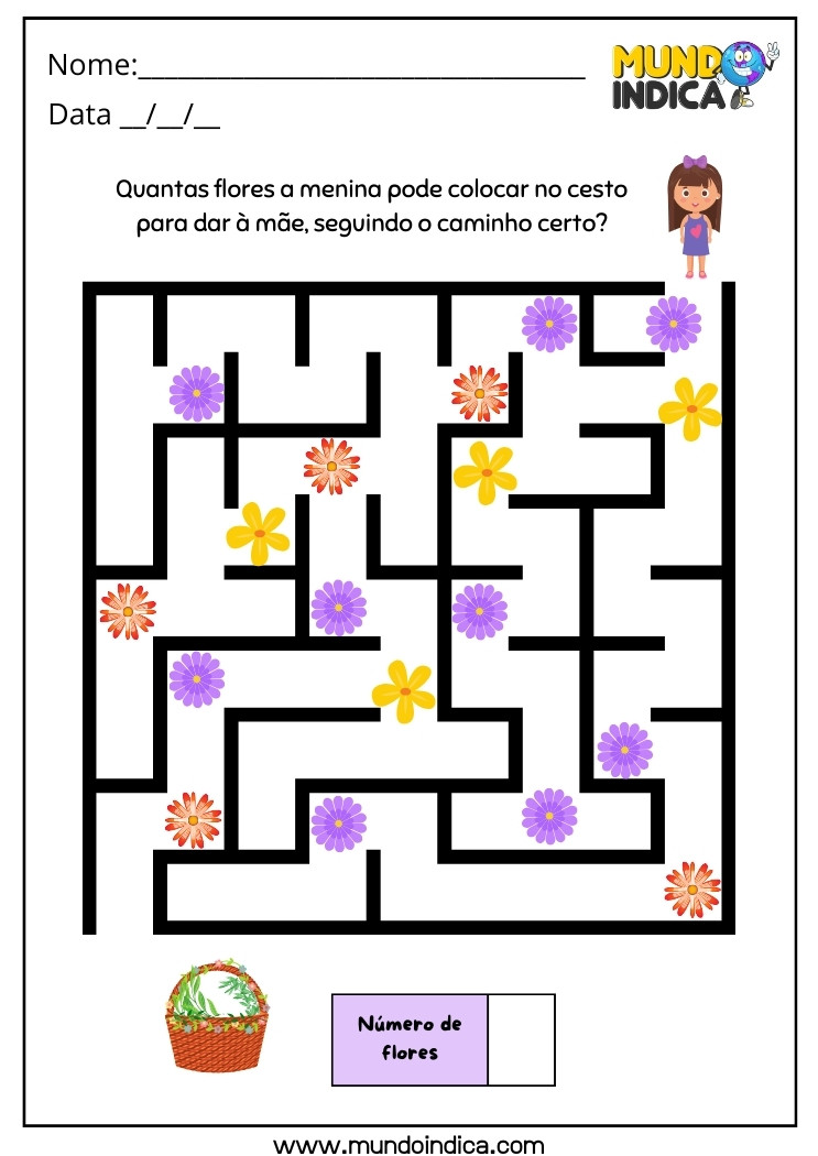 Atividade de Labirinto e Contagem de Flores para o Dia das Mães para Educação Infantil para Imprimir