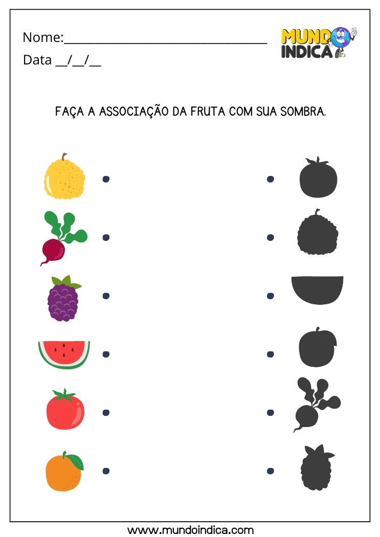 Atividade de Percepção Visual e Associação das Frutas com suas Sombras para Autismo para Imprimir