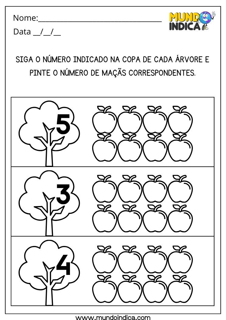 Atividade de Pintura das Maçãs de Acordo com os Números Indicados na Copa de Cada Árvore para Educação Especial para Imprimir
