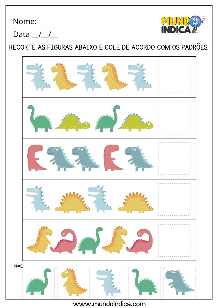 Atividade de Recorte e Colagem do Padrão de Dinossauro para Alunos com Autismo para Imprimir