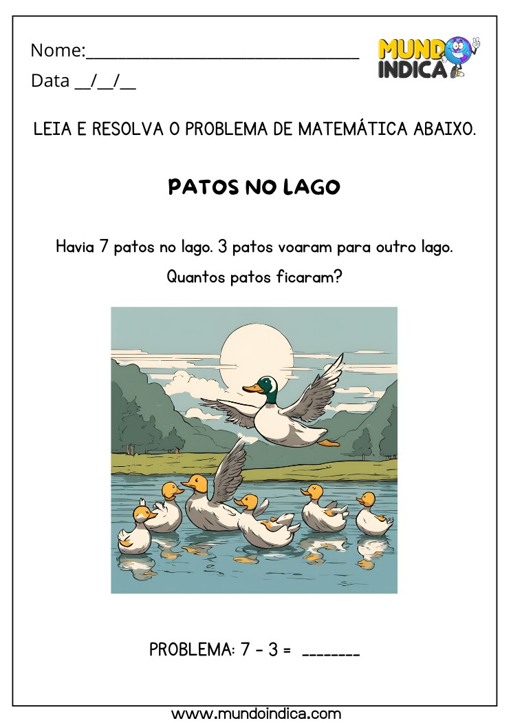 Atividade de Resolução Matemática de Subtração dos Patos no Lago para Alunos com Autismo para Imprimir