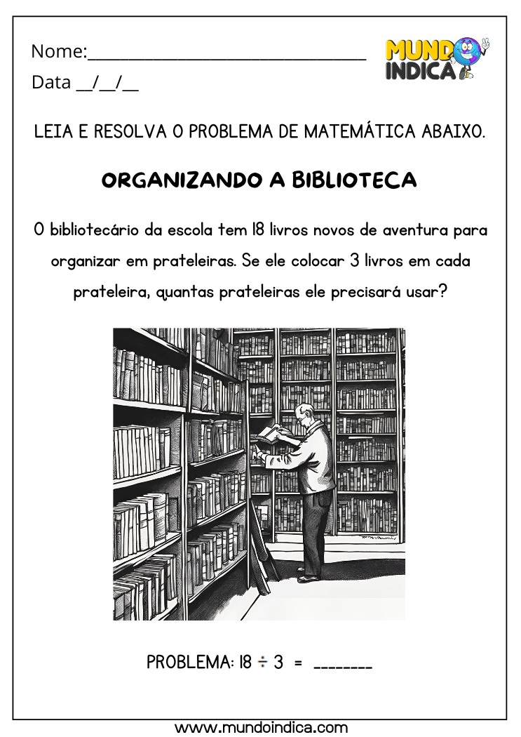 Atividade de Resolução de Problema de Divisão para Organizar os Livros nas Prateleiras da Biblioteca para Alunos com Autismo para Imprimir