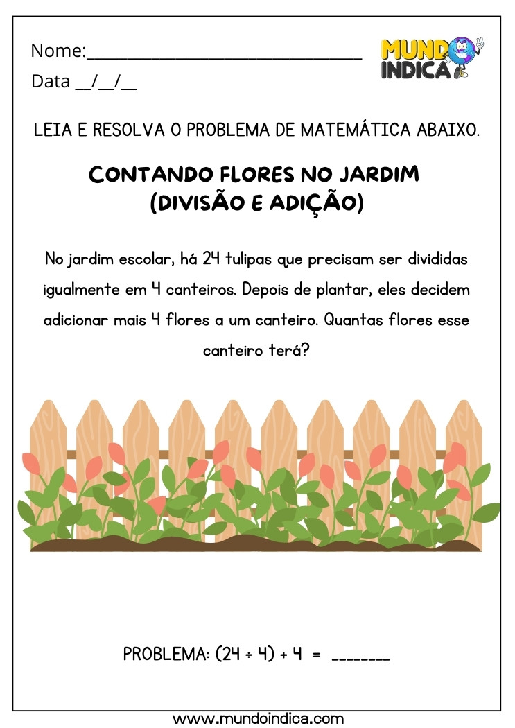 Atividade de Resolução de Problemas Contando Flores no Jardim com Divisão e Adição para Autismo para Imprimir