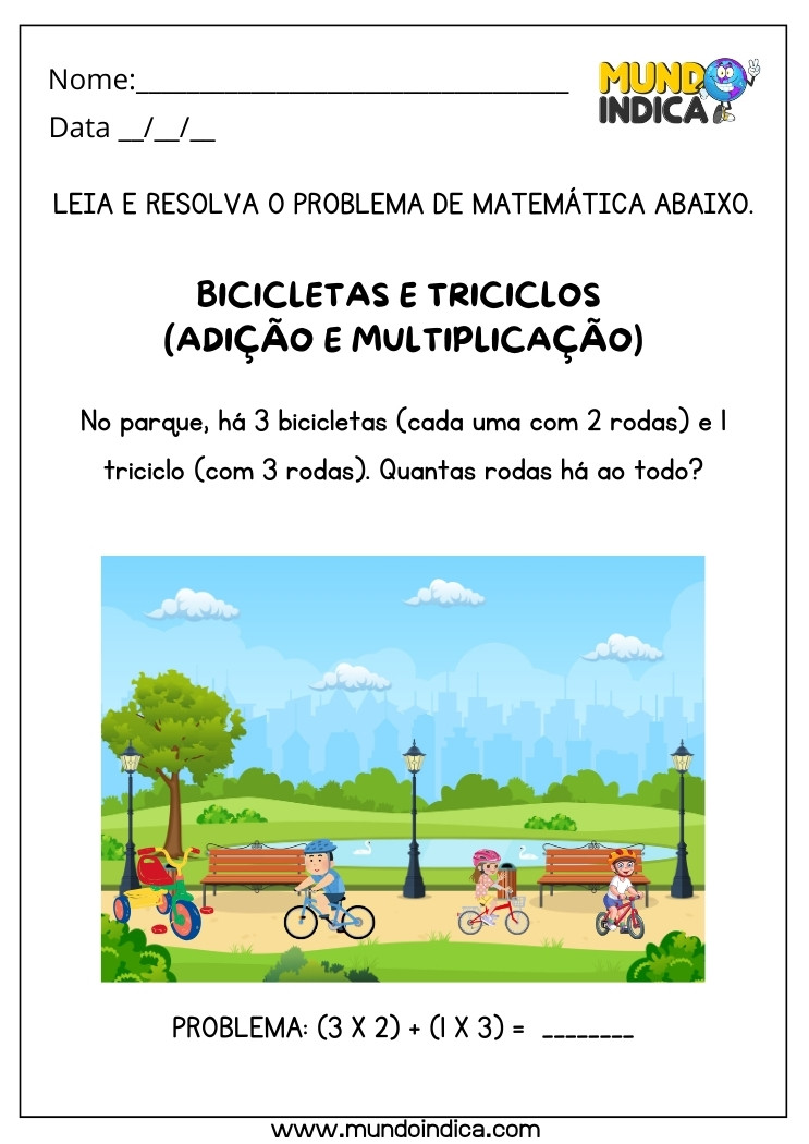 Atividade de Resolução de Problemas com Adição e Multiplicação de Números de Bicicletas e Triciclos para Autismo para Imprimir