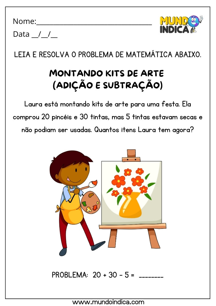 Atividade de Resolução de Problemas com Adição e Subtração dos Kits de Artes da Laura para Autismo para Imprimir