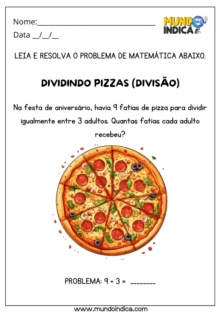 Atividade de Resolução de Problemas com Divisão de Pizza para Alunos com Autismo para Imprimir