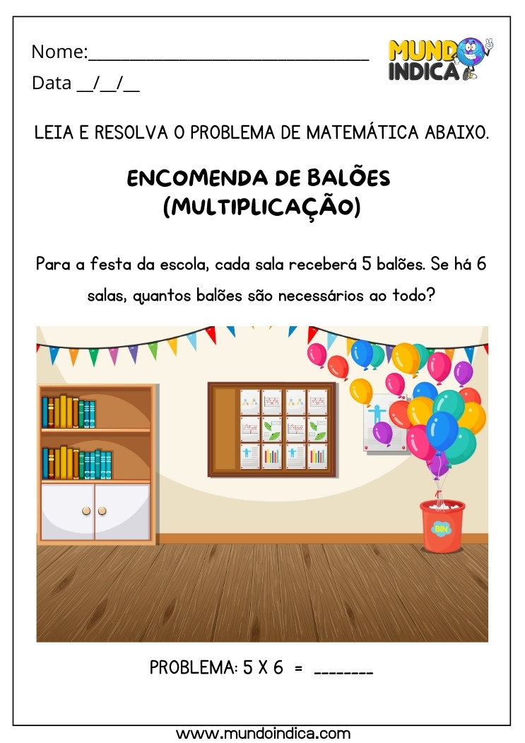 Atividade de Resolução de Problemas com Multiplicação de Balões para a Festa para Autismo para Imprimir