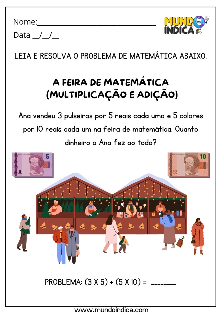 Atividade de Resolução de Problemas com Multiplicação e Adição na Feira de Matemática para Autismo para Imprimir