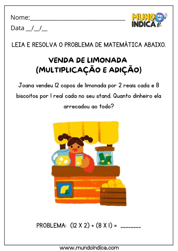 Atividade de Resolução de Problemas com Venda de Limonadas e Biscoitos com Multiplicação e Adição para Autismo para Imprimir