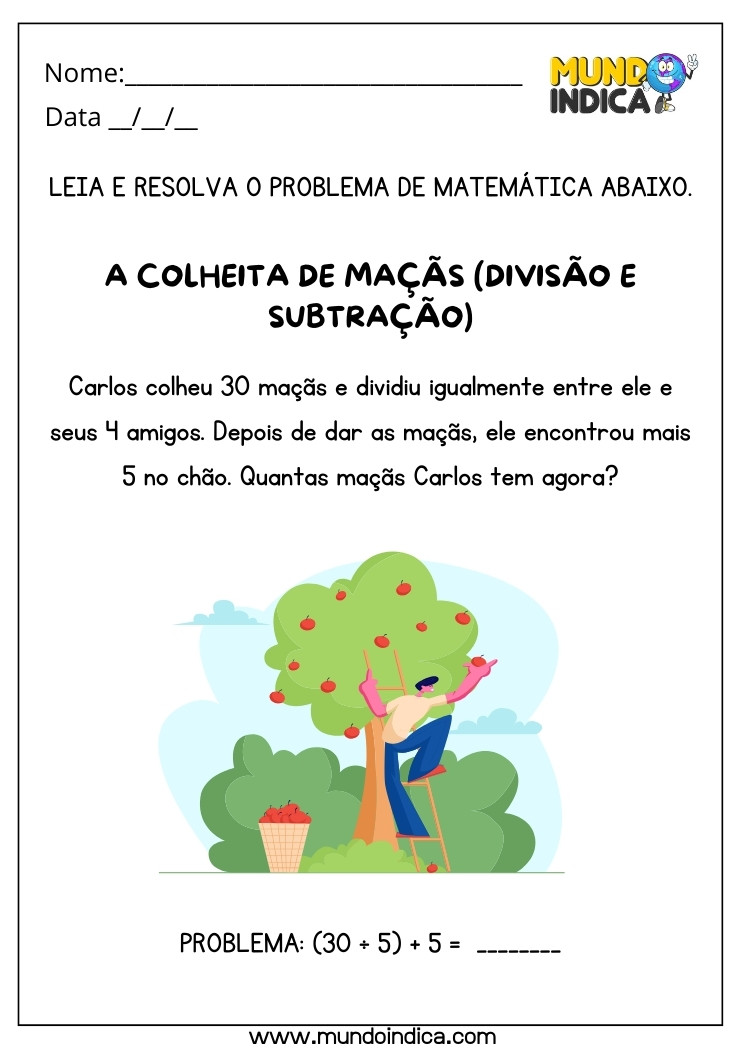 Atividade de Resolução de Problemas da Colheita de Maçãs com Divisão e Subtração para Autismo para Imprimir