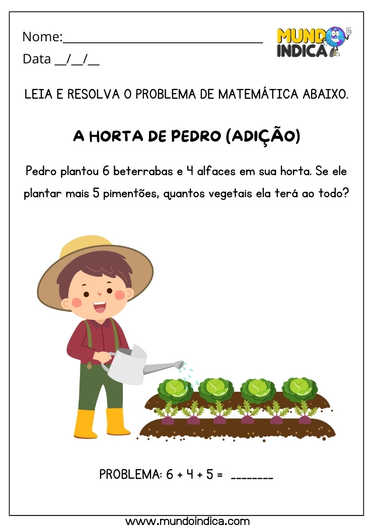 Atividade de Resolução de Problemas da Horta de Pedro com Adição dos Vegetais Plantados para Autismo para Imprimir