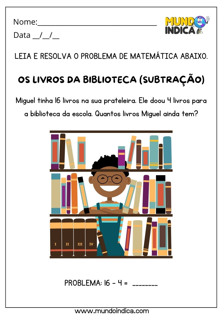 Atividade de Resolução de Problemas de Subtração dos Livros de Miguel para a Biblioteca para Autismo para Imprimir