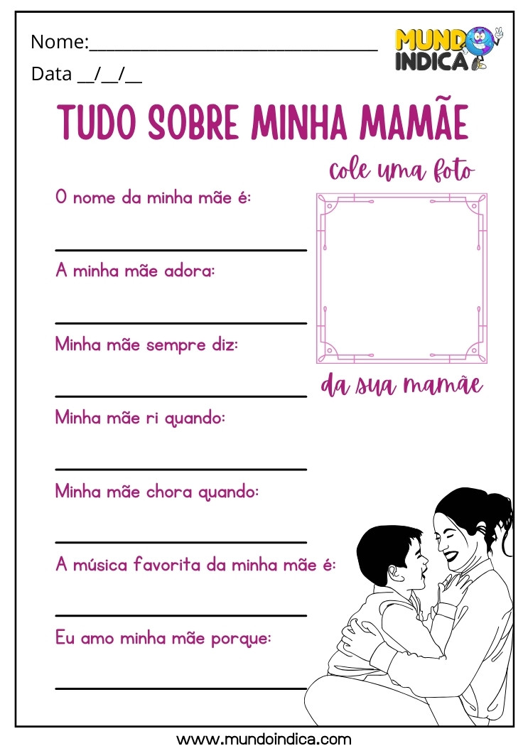 Atividade do Dia das Mães para Colar uma Foto e Escrever Tudo Sobre a Mamãe para Educação Infantil para Imprimir
