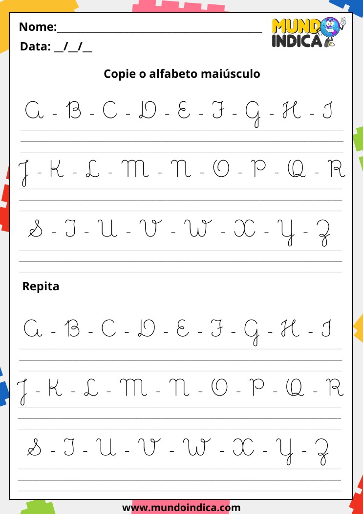 Alfabeto com letras maiúsculas em letras cursivas