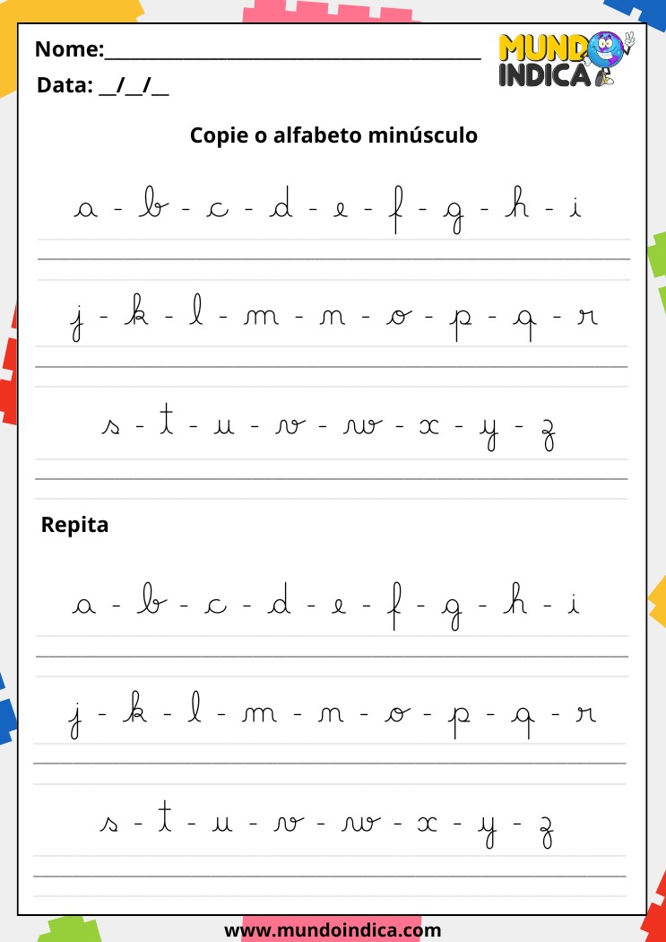 Alfabeto com letras minúsculas em letras cursivas