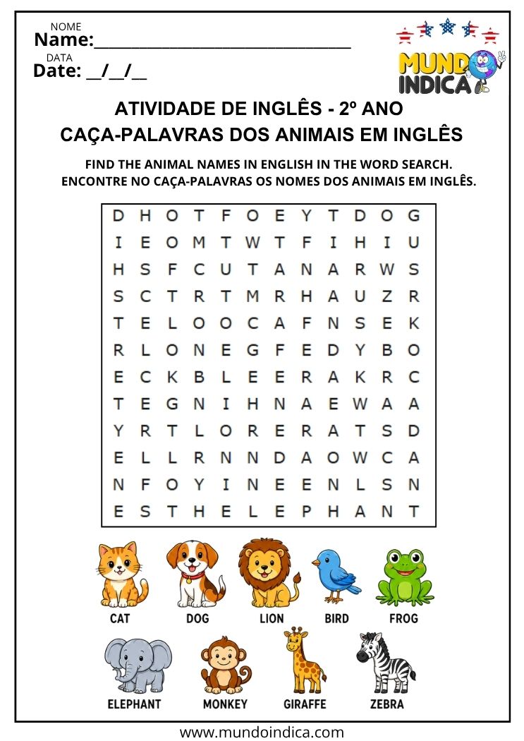 Atividade com Caça-Palavras dos Animais em Inglês para 2º Ano para Imprimir
