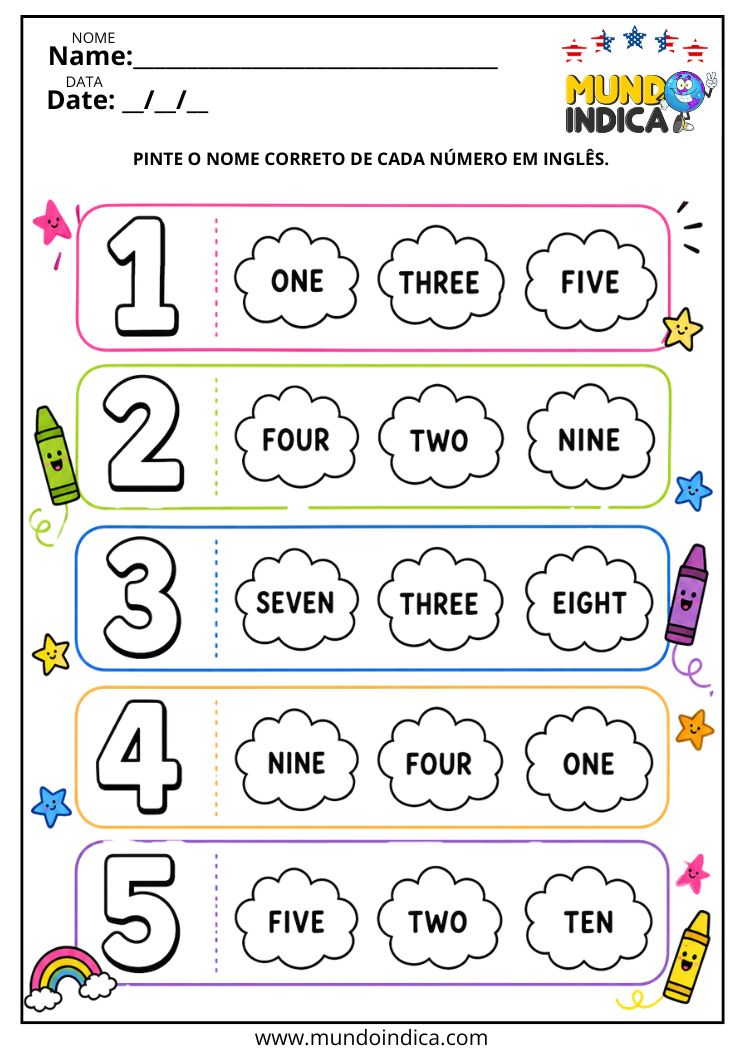 Atividade para pintar o nome correto dos números de 1 a 5 em inglês