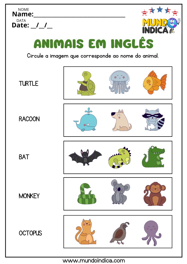 Atividade de Animais em Inglês para Educação Infantil