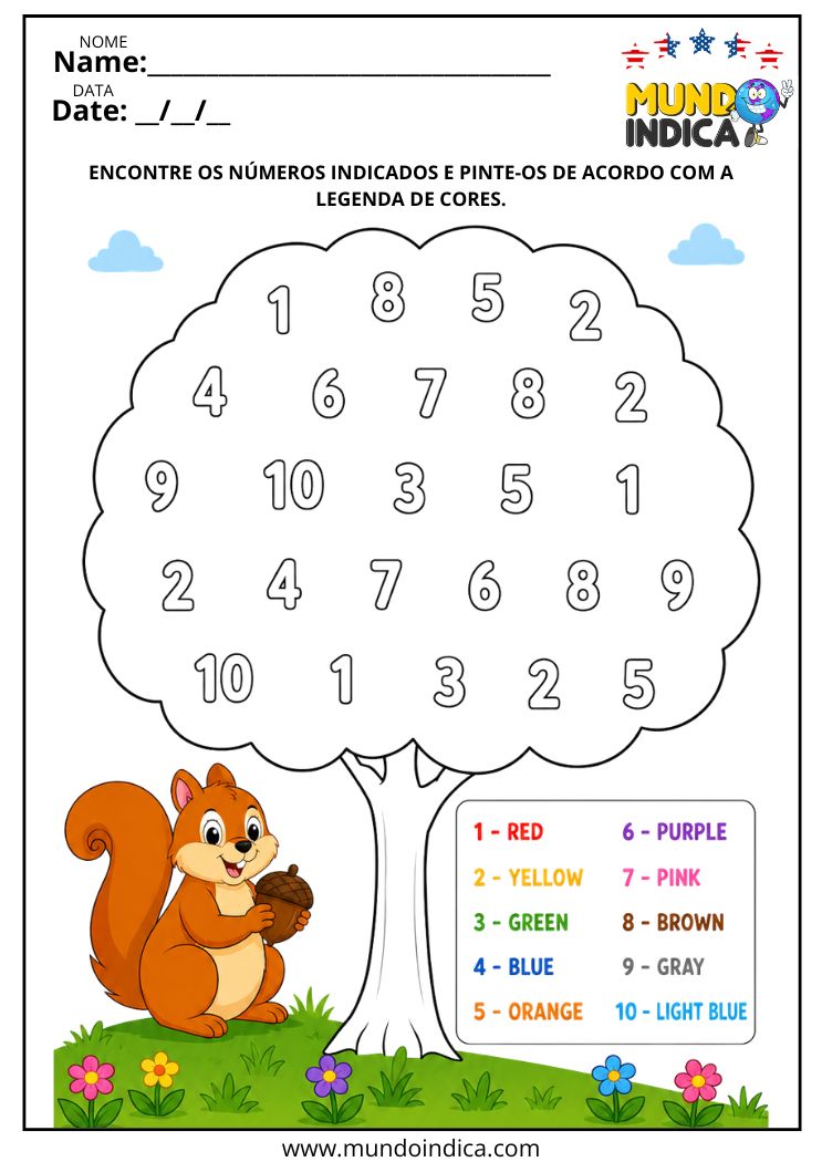 Atividade para encontrar e pintar os números de acordo com a legenda de cores em inglês