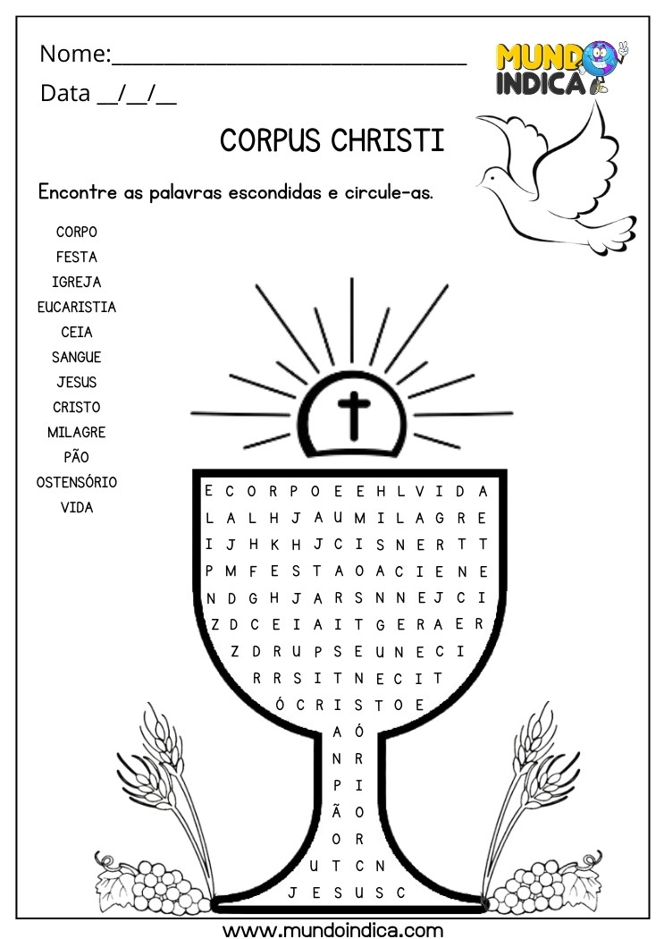 Atividade de Corpus Christi Encontre as Palavras Encondidas no Cálice e Circule-as para Imprimir