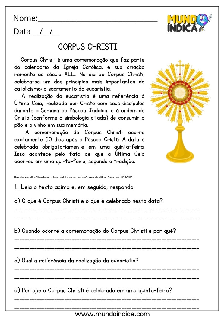 Atividade de Corpus Christi para Responder as Perguntas de Acordo com o Texto para Imprimir
