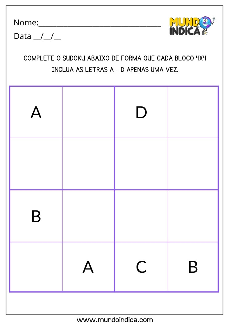 Atividade de Estimulação Cognitiva para Crianças com Sudoku de Letras para Imprimir