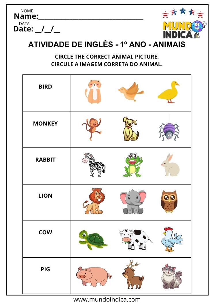 Atividade de Inglês 1º Ano com Animais para Circular a Imagem Correta para Imprimir