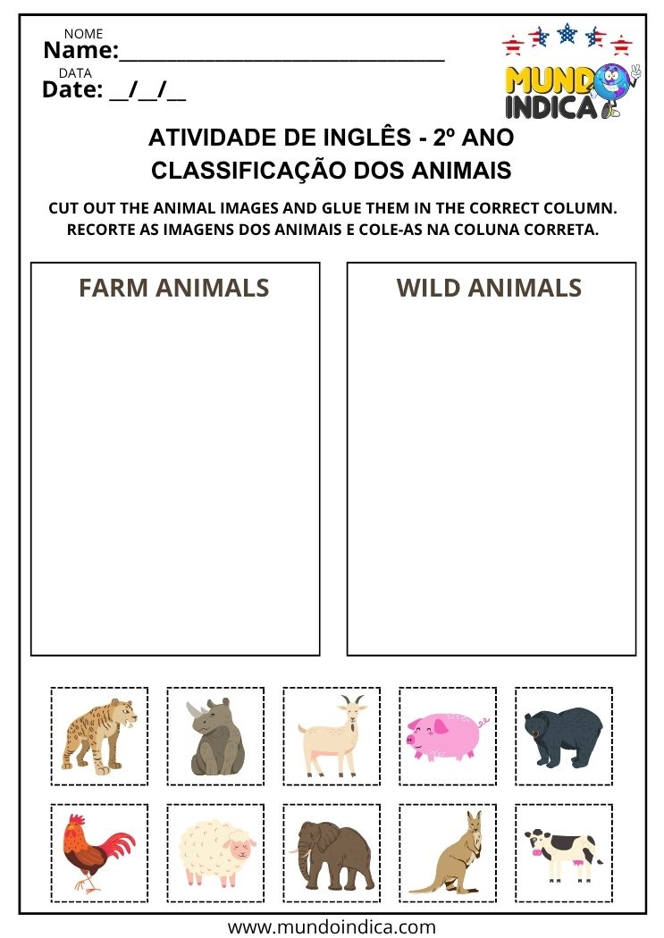 Atividade de Inglês 2º Ano com Animais para Classificar Farm ou Wild Animals para Imprimir